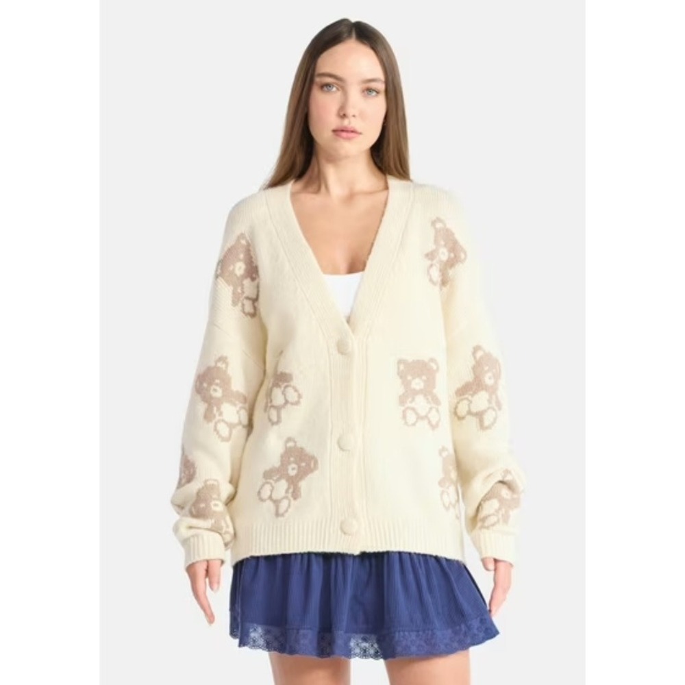 Cream Teddy Bear Knit Button Front Cardigan Sweater Women size S‎